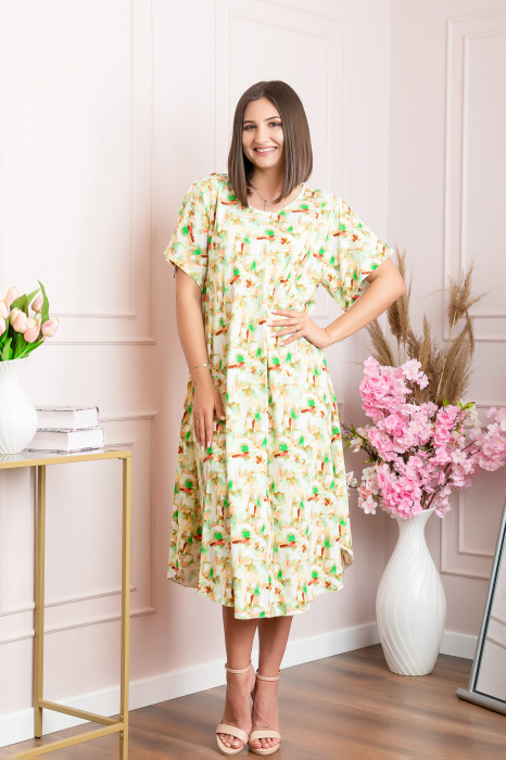Rochie eleganta Mirabelle cu imprimeu floral - Verde cu alb [4]