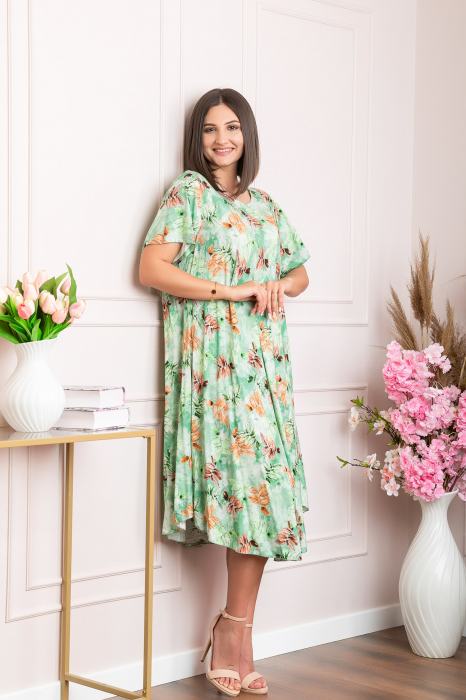 Rochie eleganta Mirabelle cu imprimeu floral - Verde cu orange [3]