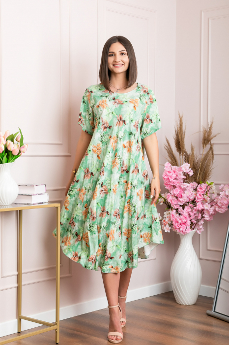 Rochie eleganta Mirabelle cu imprimeu floral - Verde cu orange