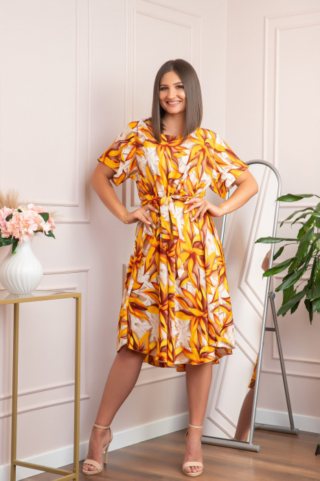 Rochie eleganta Olive cu imprimeu exotic galben