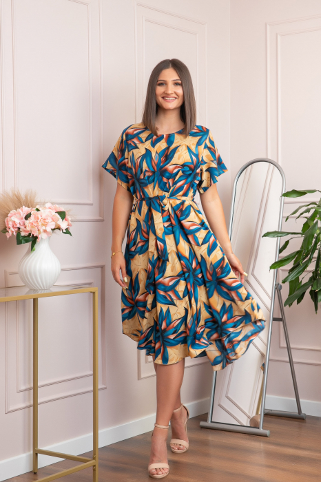 Rochie eleganta Olive cu imprimeu exotic turcoaz [3]