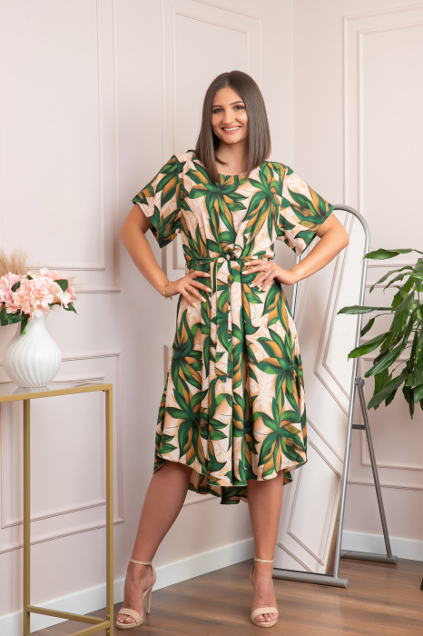Rochie eleganta Olive cu imprimeu exotic verde