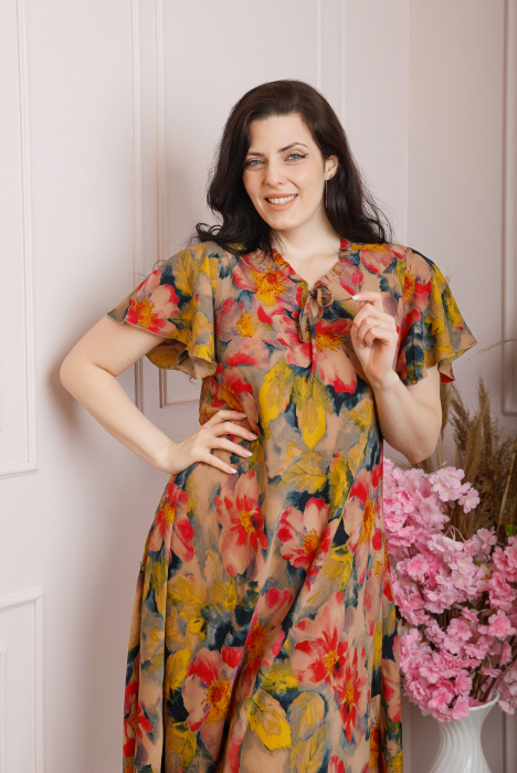 Rochie eleganta Penelope cu baza asimetrica si imprimeu floral - Bej [2]