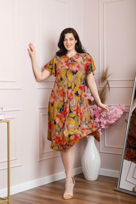 Rochie eleganta Penelope cu baza asimetrica si imprimeu floral - Bej [4]