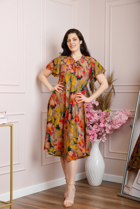 Rochie eleganta Penelope cu baza asimetrica si imprimeu floral - Bej [3]