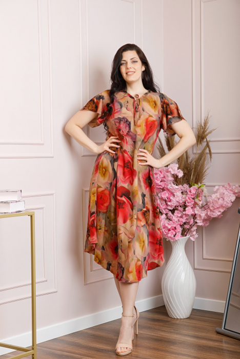 Rochie eleganta Penelope cu baza asimetrica si imprimeu floral - Bej cu rosu [3]