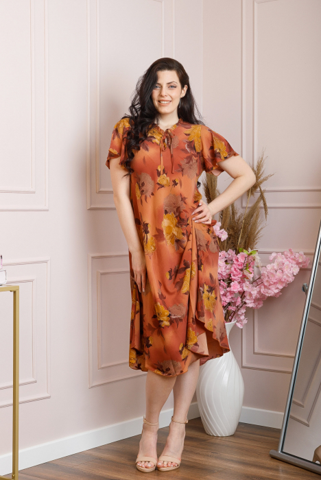 Rochie eleganta Penelope cu baza asimetrica si imprimeu floral - Caramiziu [4]