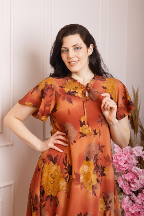 Rochie eleganta Penelope cu baza asimetrica si imprimeu floral - Caramiziu [2]