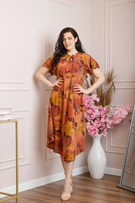 Rochie eleganta Penelope cu baza asimetrica si imprimeu floral - Caramiziu [3]