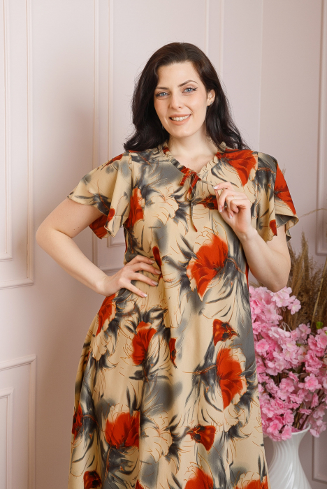 Rochie eleganta Penelope cu baza asimetrica si imprimeu floral - Crem cu orange [2]
