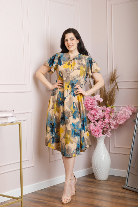 Rochie eleganta Penelope cu baza asimetrica si imprimeu floral - Crem cu turcoaz [3]