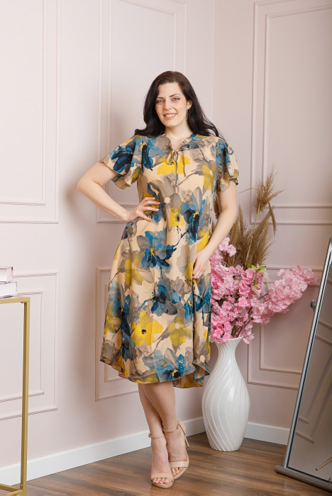 Rochie eleganta Penelope cu baza asimetrica si imprimeu floral - Crem cu turcoaz [4]