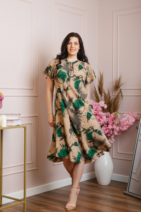 Rochie eleganta Penelope cu baza asimetrica si imprimeu floral - Crem cu verde