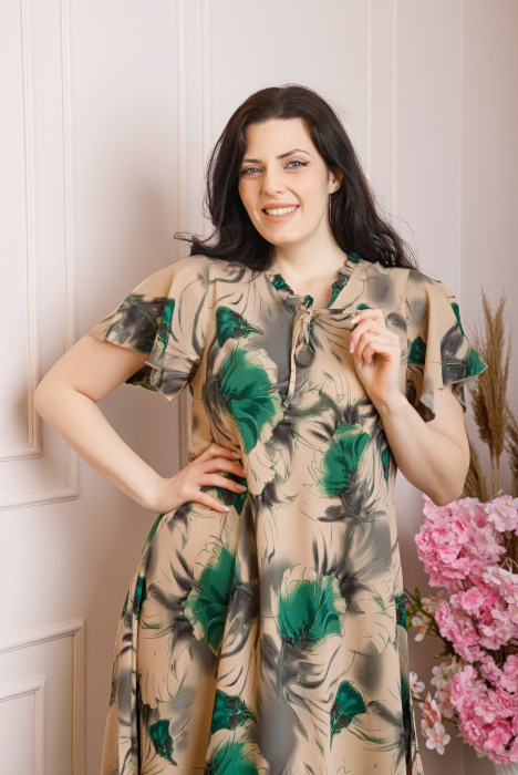 Rochie eleganta Penelope cu baza asimetrica si imprimeu floral - Crem cu verde [2]
