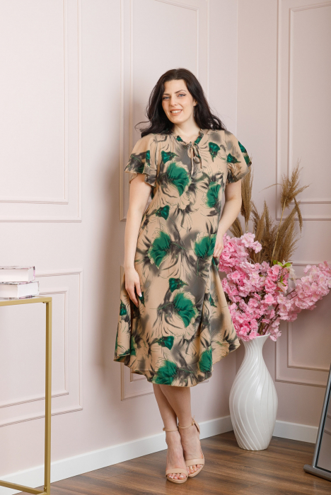 Rochie eleganta Penelope cu baza asimetrica si imprimeu floral - Crem cu verde [4]