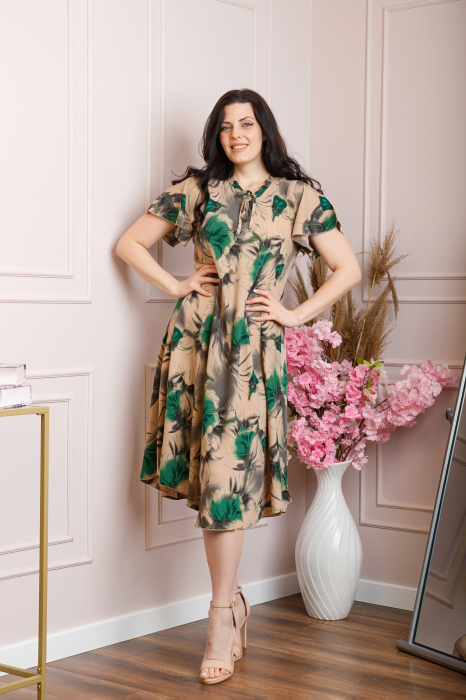 Rochie eleganta Penelope cu baza asimetrica si imprimeu floral - Crem cu verde [3]
