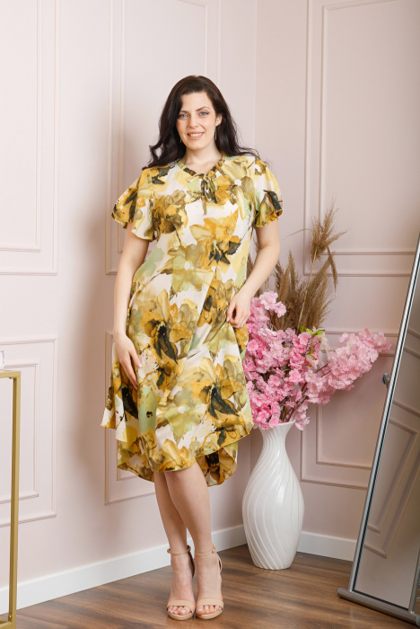 Rochie eleganta Penelope cu baza asimetrica si imprimeu floral - Galben [4]