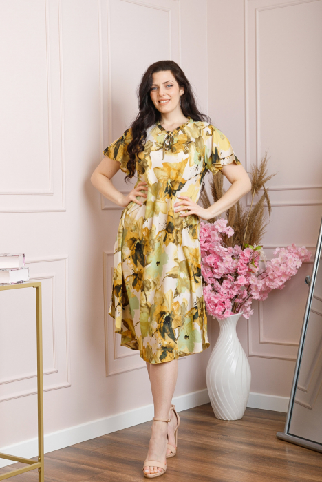 Rochie eleganta Penelope cu baza asimetrica si imprimeu floral - Galben [3]
