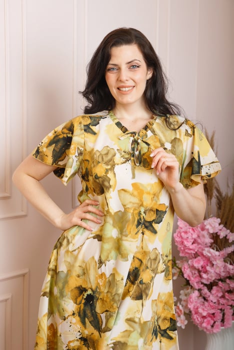 Rochie eleganta Penelope cu baza asimetrica si imprimeu floral - Galben [2]