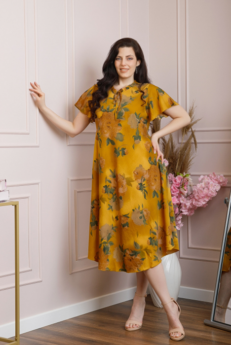 Rochie eleganta Penelope cu baza asimetrica si imprimeu floral - Galben mustar [4]