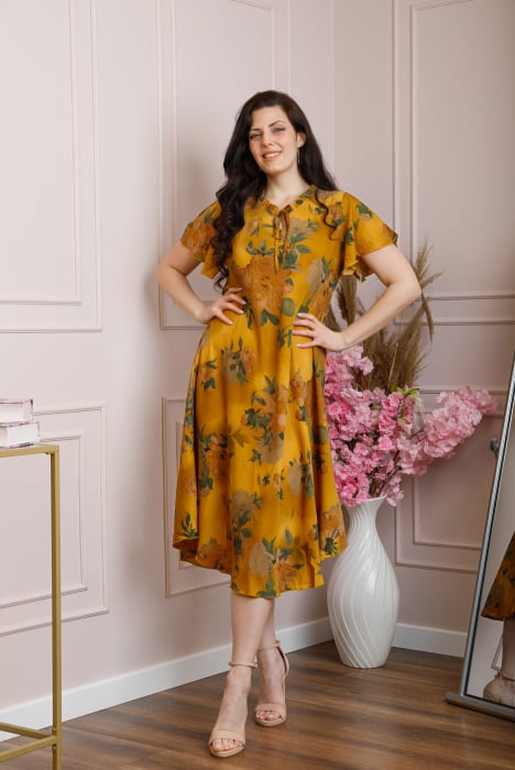 Rochie eleganta Penelope cu baza asimetrica si imprimeu floral - Galben mustar [3]