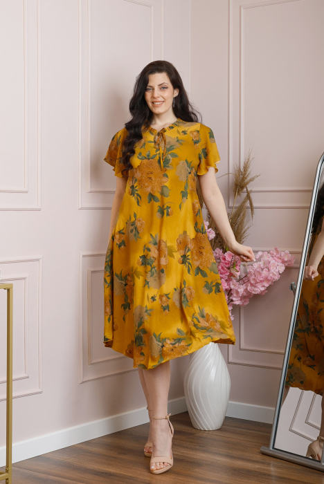 Rochie eleganta Penelope cu baza asimetrica si imprimeu floral - Galben mustar [5]