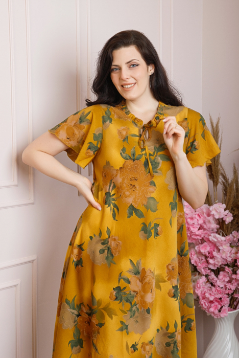 Rochie eleganta Penelope cu baza asimetrica si imprimeu floral - Galben mustar [2]