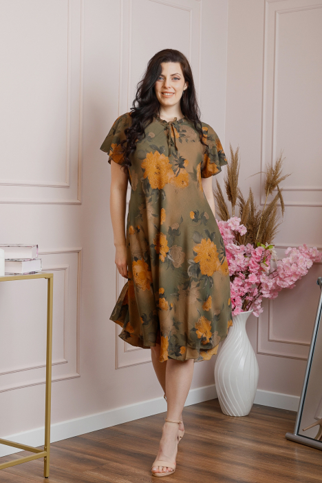 Rochie eleganta Penelope cu baza asimetrica si imprimeu floral - Kaki