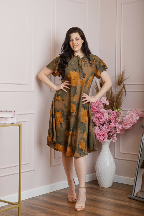 Rochie eleganta Penelope cu baza asimetrica si imprimeu floral - Kaki [3]