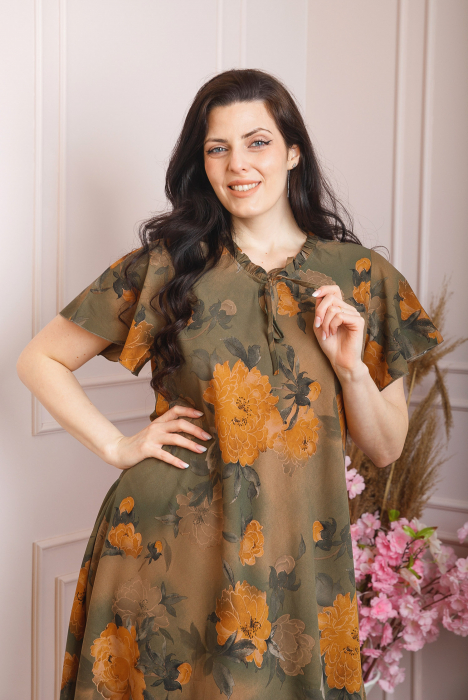Rochie eleganta Penelope cu baza asimetrica si imprimeu floral - Kaki [2]