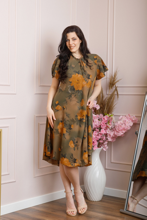 Rochie eleganta Penelope cu baza asimetrica si imprimeu floral - Kaki [5]