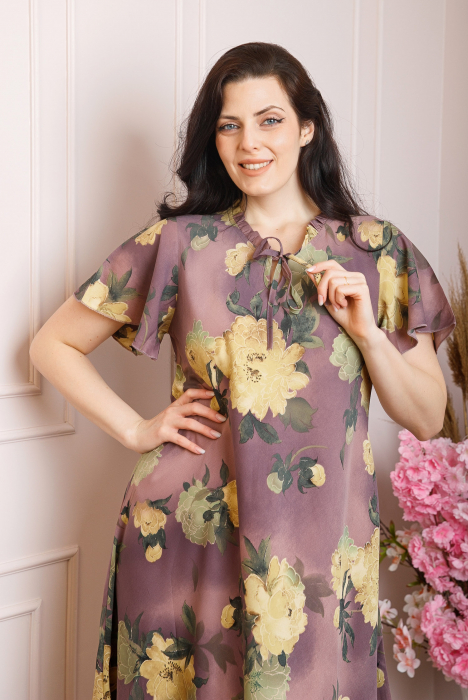 Rochie eleganta Penelope cu baza asimetrica si imprimeu floral - Mov [2]