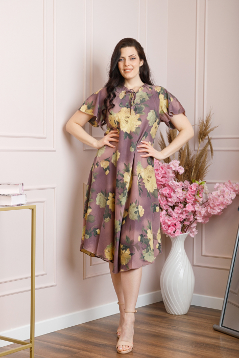 Rochie eleganta Penelope cu baza asimetrica si imprimeu floral - Mov [3]