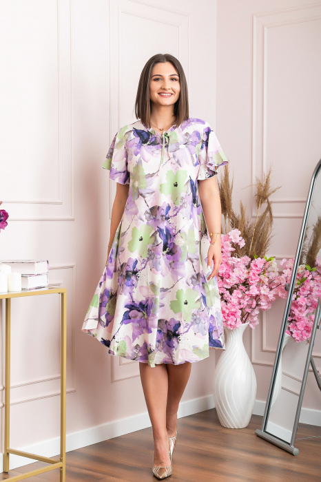 Rochie eleganta Penelope cu baza asimetrica si imprimeu floral - Mov cu verde
