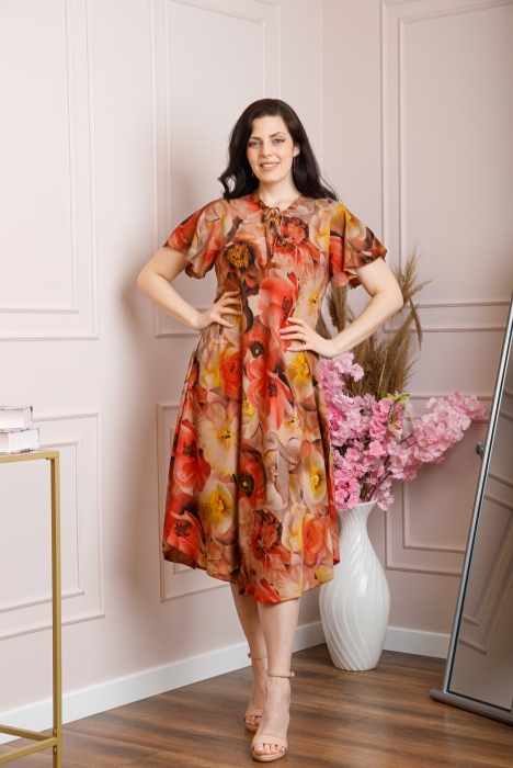 Rochie eleganta Penelope cu baza asimetrica si imprimeu floral - Orange [3]
