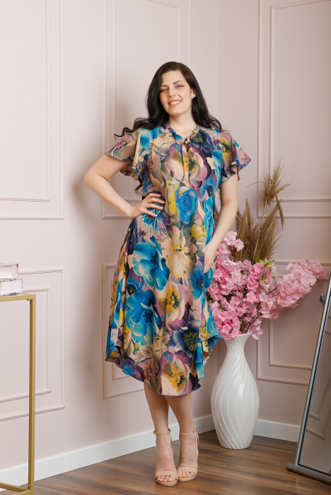 Rochie eleganta Penelope cu baza asimetrica si imprimeu floral - Turcoaz [4]