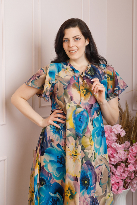 Rochie eleganta Penelope cu baza asimetrica si imprimeu floral - Turcoaz [2]