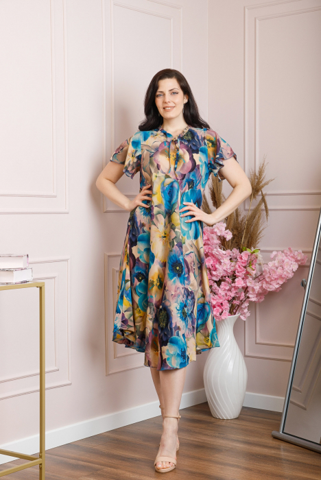 Rochie eleganta Penelope cu baza asimetrica si imprimeu floral - Turcoaz [3]