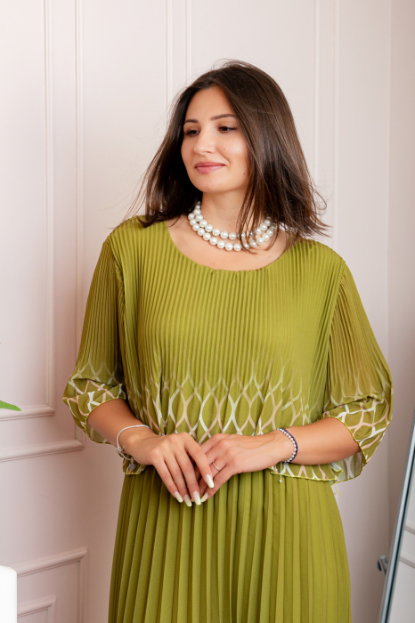 Rochie eleganta plisata Aimee din voal verde olive [2]