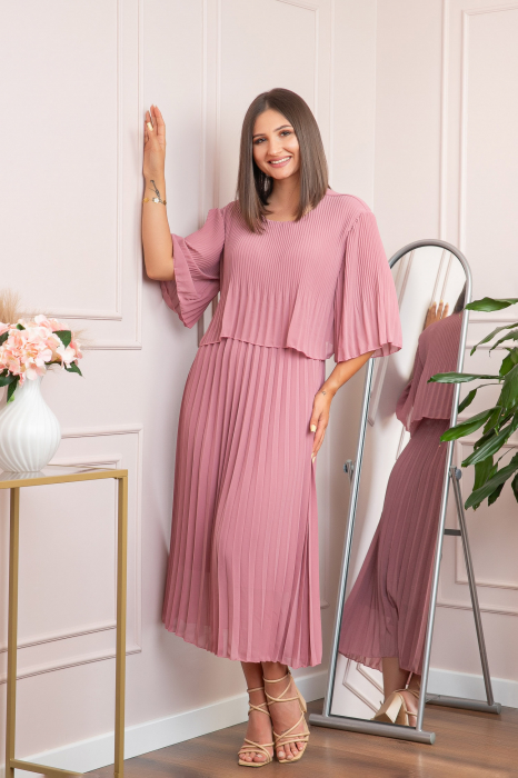 Rochie eleganta plisata Arielle - Roz pudrat
