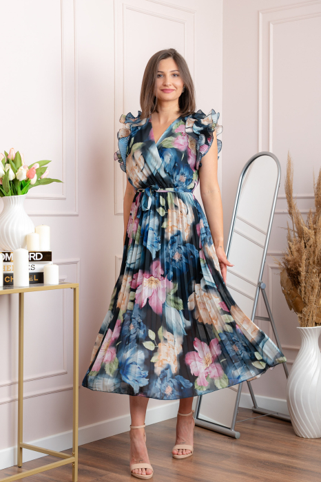 Rochie eleganta plisata Cindy cu imprimeu floral si volane la umeri - Bleumarin [4]