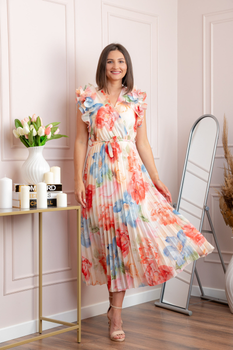 Rochie eleganta plisata Cindy cu imprimeu floral si volane la umeri - Corai [3]