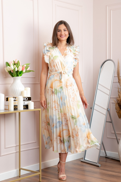 Rochie eleganta plisata Cindy cu imprimeu floral si volane la umeri - Ivoire [3]