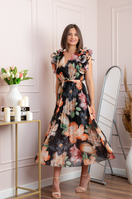 Rochie eleganta plisata Cindy cu imprimeu floral si volane la umeri - Negru [4]