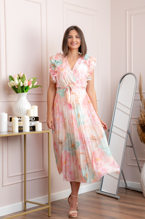 Rochie eleganta plisata Cindy cu imprimeu floral si volane la umeri - Roz pastel [3]