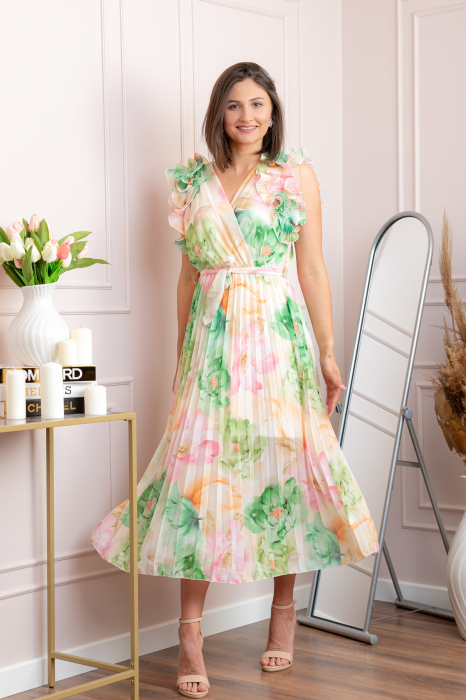 Rochie eleganta plisata Cindy cu imprimeu floral si volane la umeri - Verde pastel [4]