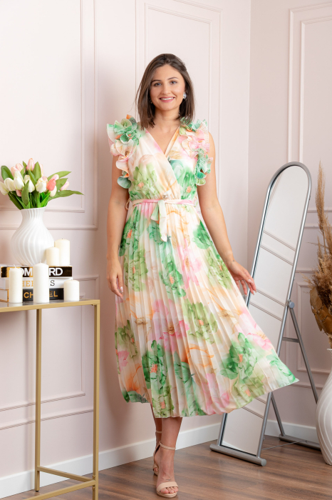 Rochie eleganta plisata Cindy cu imprimeu floral si volane la umeri - Verde pastel [3]