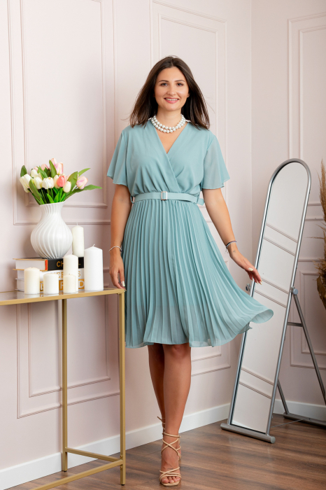 Rochie eleganta plisata din voal Cassie cu decolteu in V - Bleu [3]