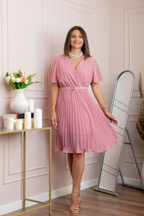 Rochie eleganta plisata din voal Cassie cu decolteu in V - Roz [3]