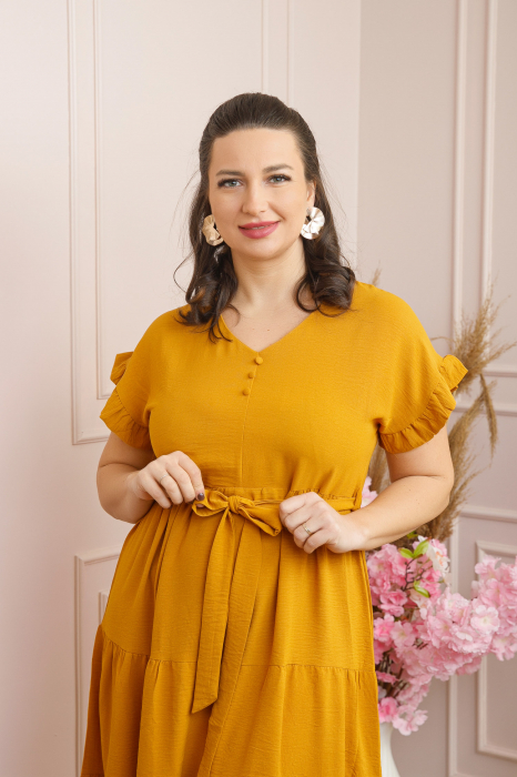 Rochie eleganta Rosalie cu volane si cordon in talie - Galben mustar [2]